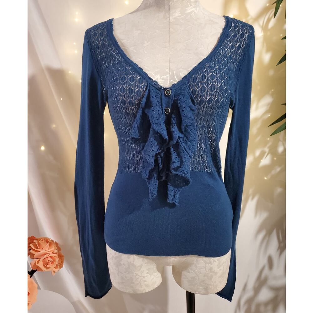 Free People Crochet Ruffle Button V-Neck Sheer Knit Sweater Womens Size S Blue
